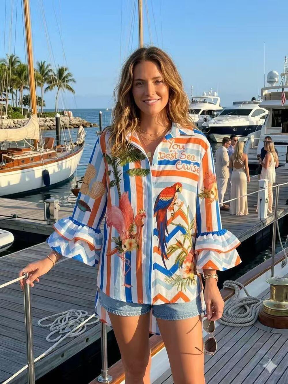 L713 | Loowie Best Sea Cruise Flamingo Button Shirt | Ruffle Sleeve One Size S-L